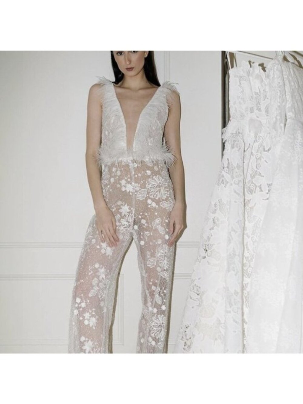 Tal Kedem Bridal Wedding Dawn Jumpsuit Sheer Lace Bodysuit Feather Plunge V Neck